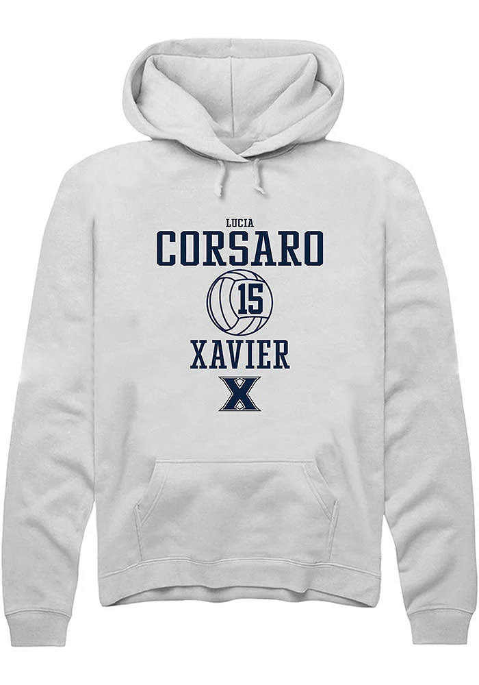 Lucia Corsaro  Rally Xavier Musketeers Mens White NIL Sport Icon Long Sleeve Hoodie