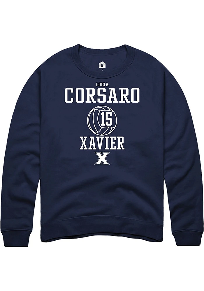 Lucia Corsaro  Rally Xavier Musketeers Mens Navy Blue NIL Sport Icon Long Sleeve Crew Sweatshirt