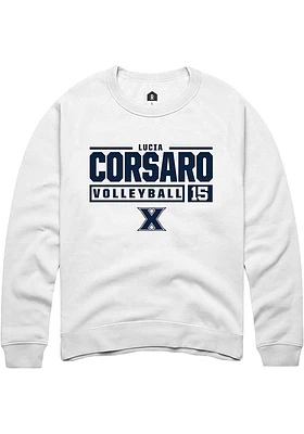 Lucia Corsaro  Rally Xavier Musketeers Mens White NIL Stacked Box Long Sleeve Crew Sweatshirt