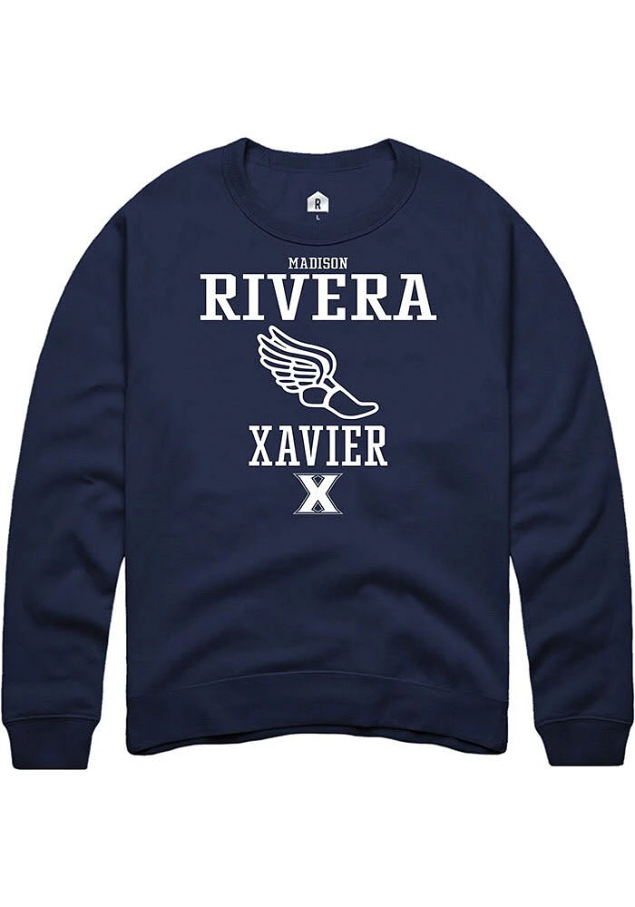 Madison Rivera  Rally Xavier Musketeers Mens Navy Blue NIL Sport Icon Long Sleeve Crew Sweatshir..