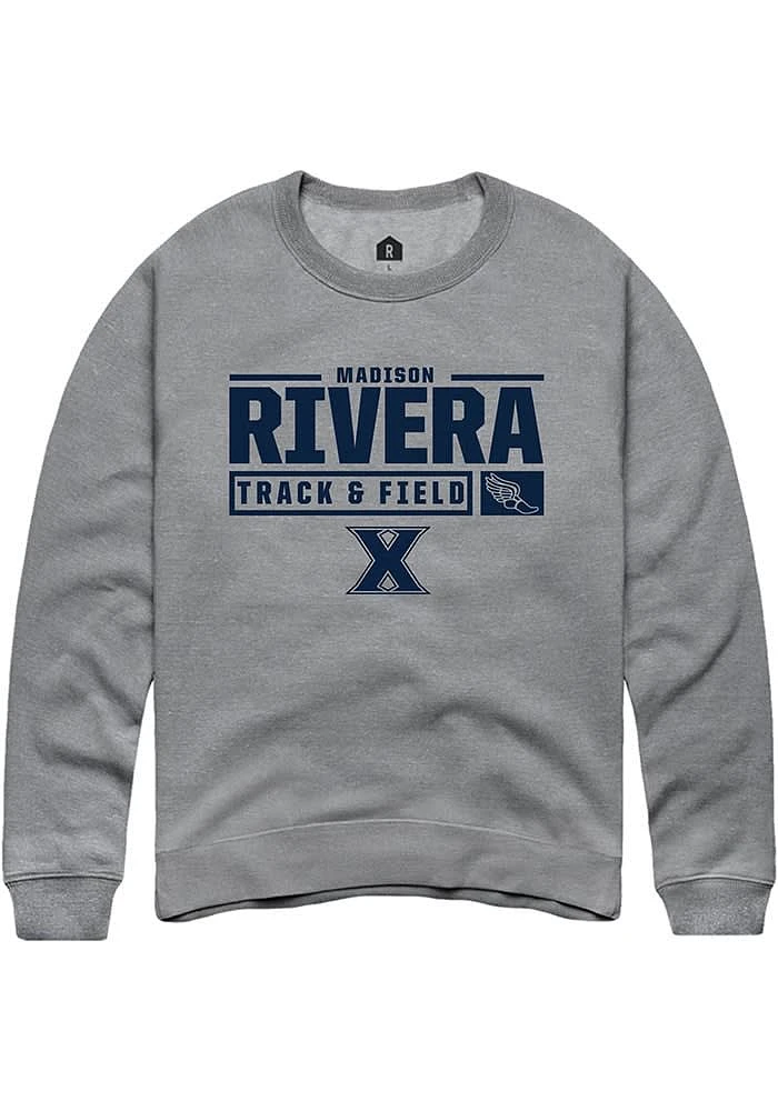 Madison Rivera  Rally Xavier Musketeers Mens Graphite NIL Stacked Box Long Sleeve Crew Sweatshir..