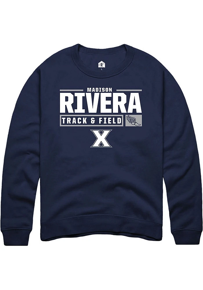 Madison Rivera  Rally Xavier Musketeers Mens Navy Blue NIL Stacked Box Long Sleeve Crew Sweatshi..