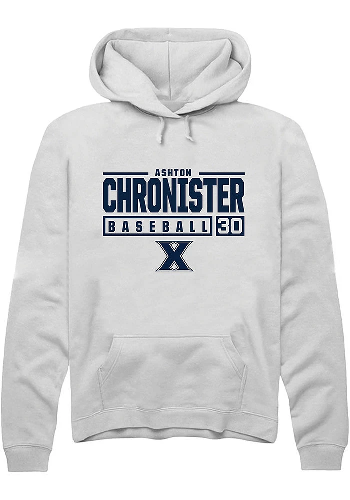 Ashton Chronister  Rally Xavier Musketeers Mens White NIL Stacked Box Long Sleeve Hoodie