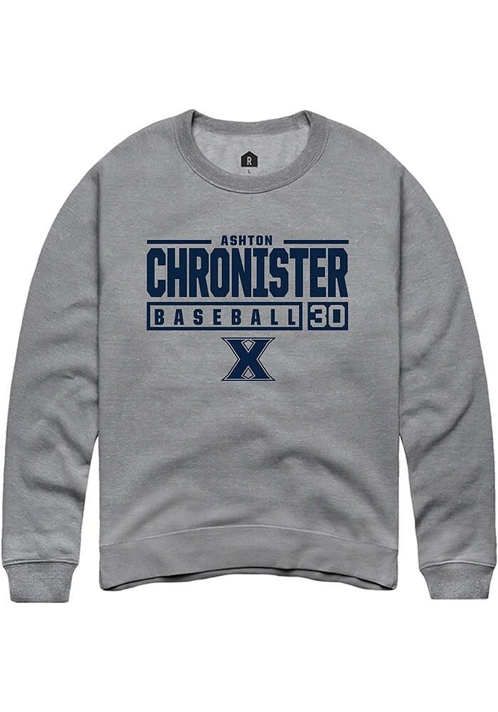 Ashton Chronister  Rally Xavier Musketeers Mens Graphite NIL Stacked Box Long Sleeve Crew Sweats..