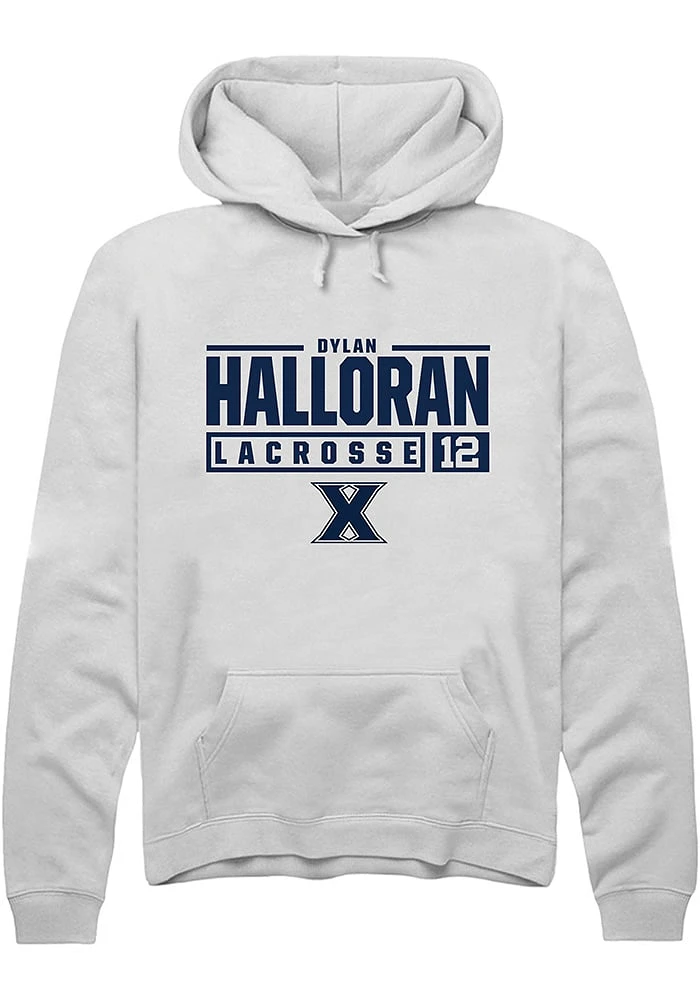 Dylan Halloran  Rally Xavier Musketeers Mens White NIL Stacked Box Long Sleeve Hoodie