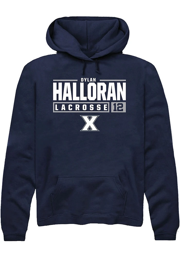 Dylan Halloran  Rally Xavier Musketeers Mens Navy Blue NIL Stacked Box Long Sleeve Hoodie