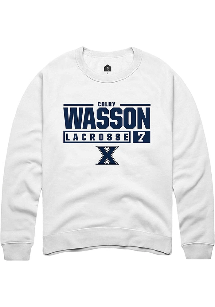 Colby Wasson  Rally Xavier Musketeers Mens White NIL Stacked Box Long Sleeve Crew Sweatshirt