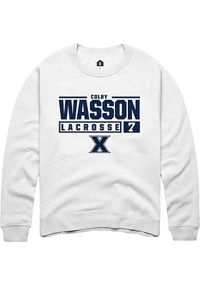 Colby Wasson  Rally Xavier Musketeers Mens White NIL Stacked Box Long Sleeve Crew Sweatshirt