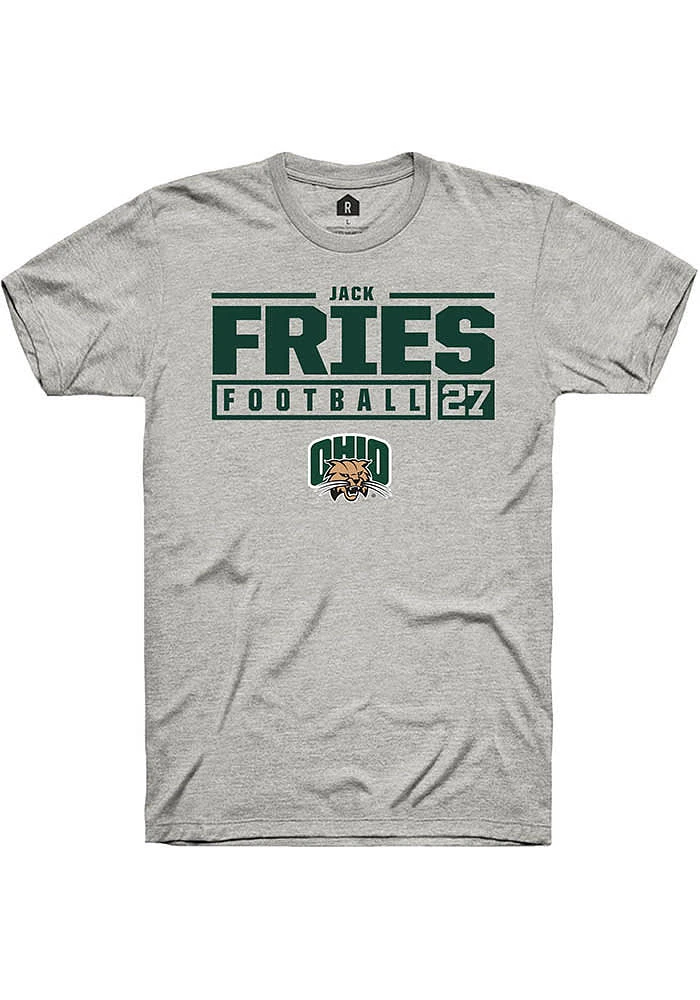 Jack Fries  Ohio Bobcats Ash Rally NIL Stacked Box Short Sleeve T Shirt