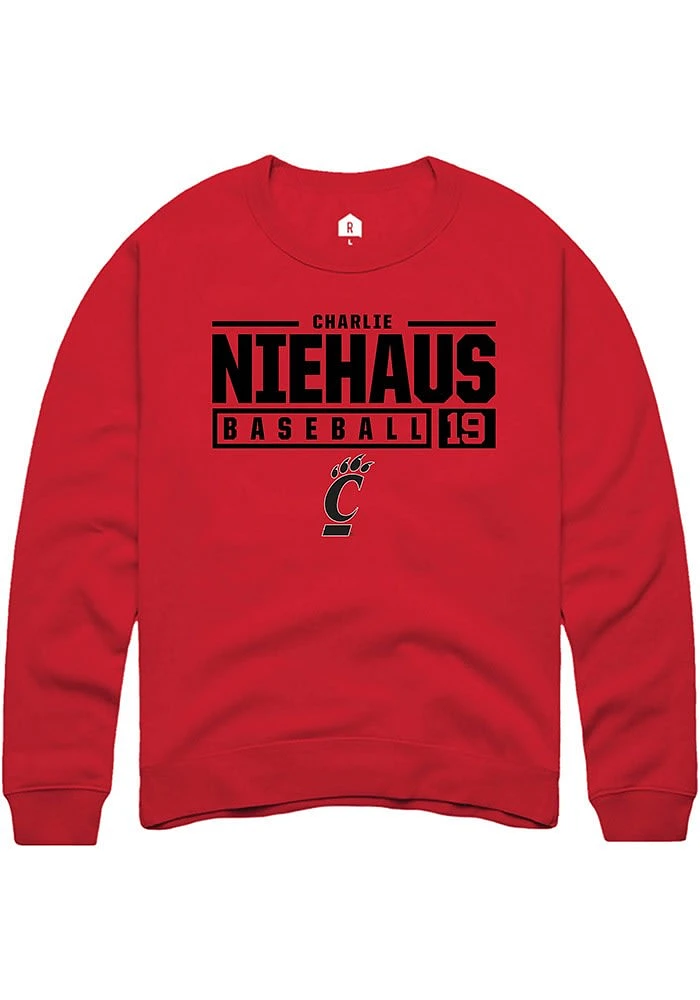 Charlie Niehaus  Rally Cincinnati Bearcats Mens Red NIL Stacked Box Long Sleeve Crew Sweatshirt