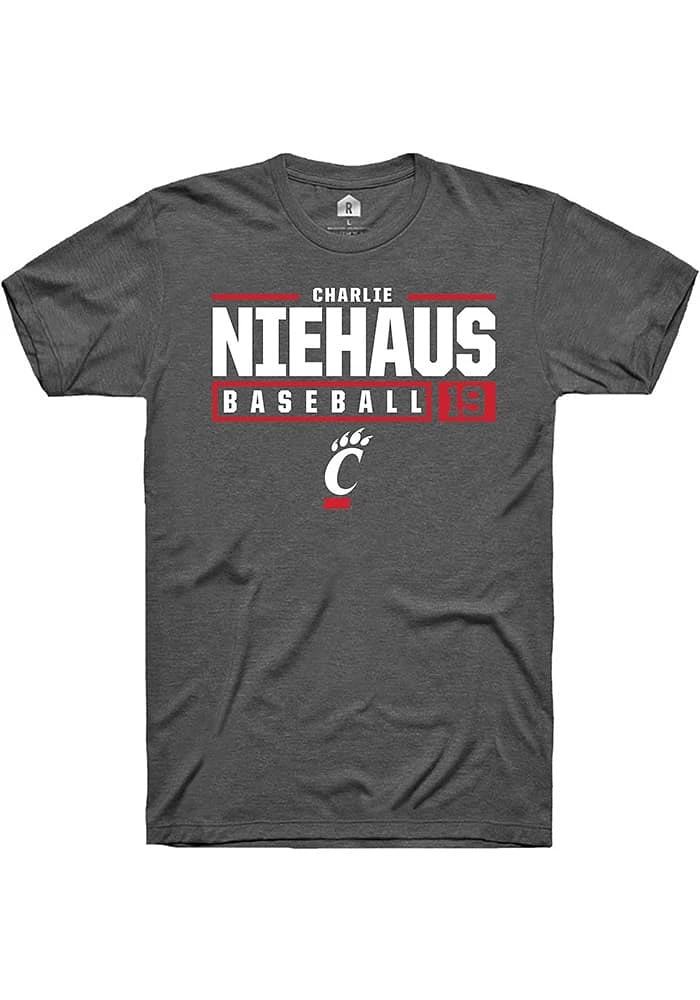 Charlie Niehaus  Cincinnati Bearcats Dark Grey Rally NIL Stacked Box Short Sleeve T Shirt