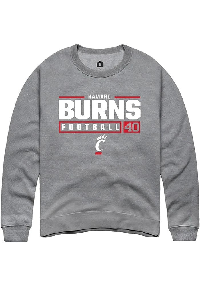 Kamari Burns  Rally Cincinnati Bearcats Mens Graphite NIL Stacked Box Long Sleeve Crew Sweatshir..