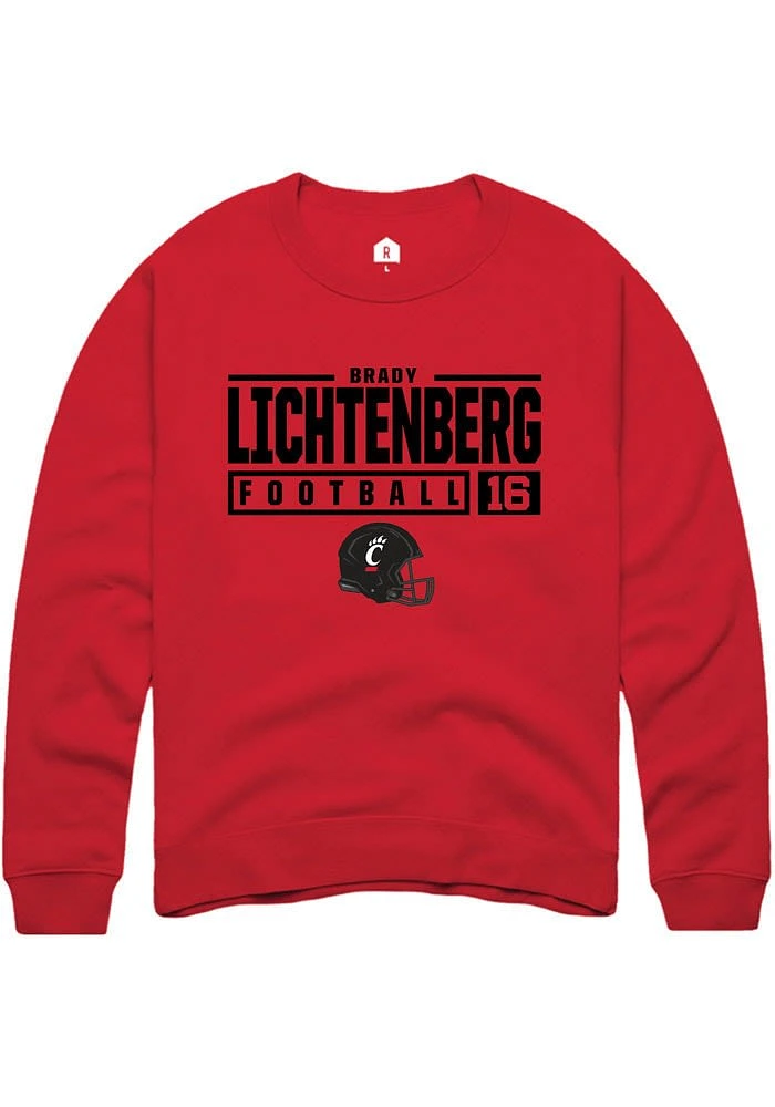 Brady Lichtenberg  Rally Cincinnati Bearcats Mens Red NIL Stacked Box Long Sleeve Crew Sweatshir..