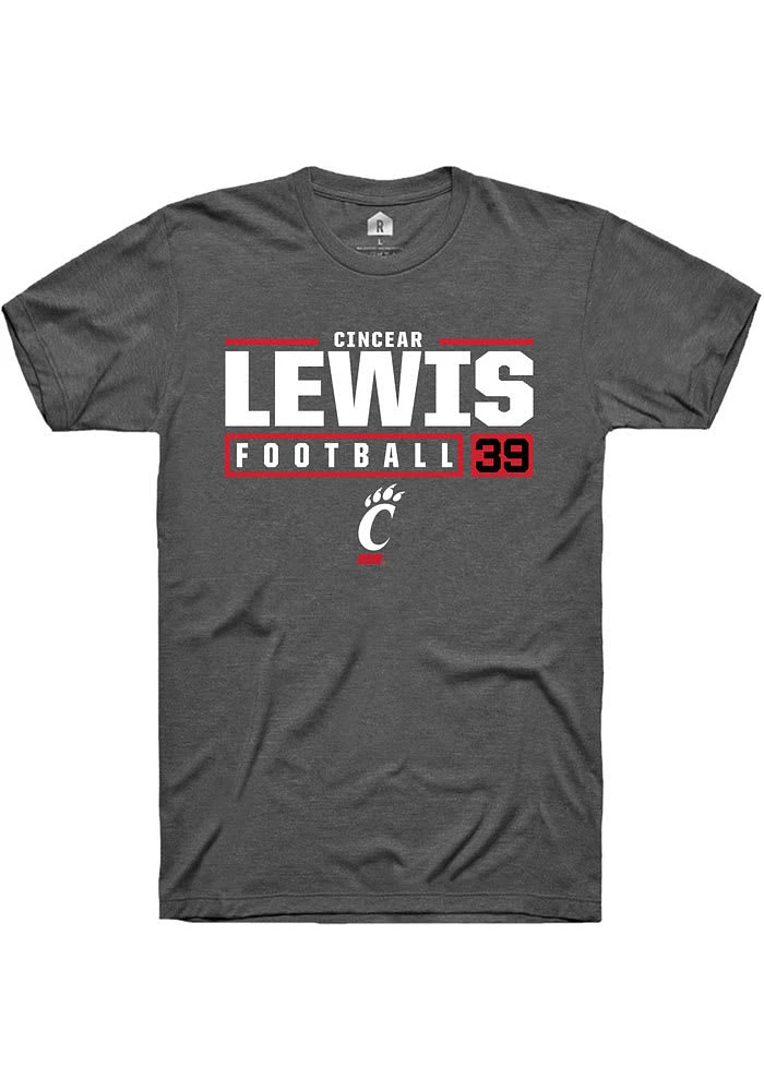 Cincear Lewis  Cincinnati Bearcats Dark Grey Rally NIL Stacked Box Short Sleeve T Shirt