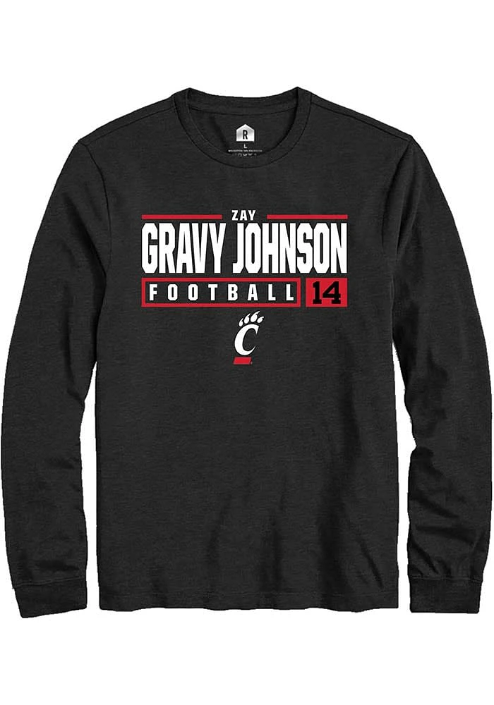 Zay Gravy Johnson  Cincinnati Bearcats Black Rally NIL Stacked Box Long Sleeve T Shirt