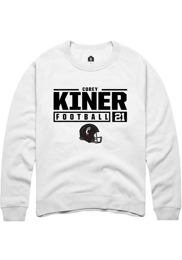 Corey Kiner Rally Cincinnati Bearcats Mens NIL Stacked Box Long Sleeve Crew Sweatshirt