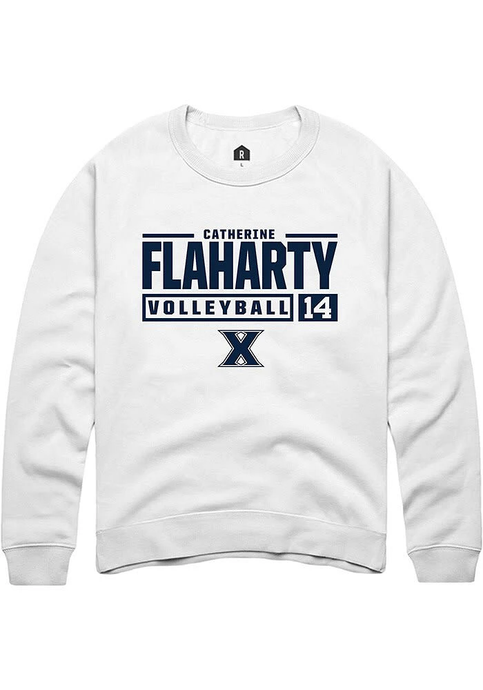 Catherine Flaharty  Rally Xavier Musketeers Mens White NIL Stacked Box Long Sleeve Crew Sweatshi..