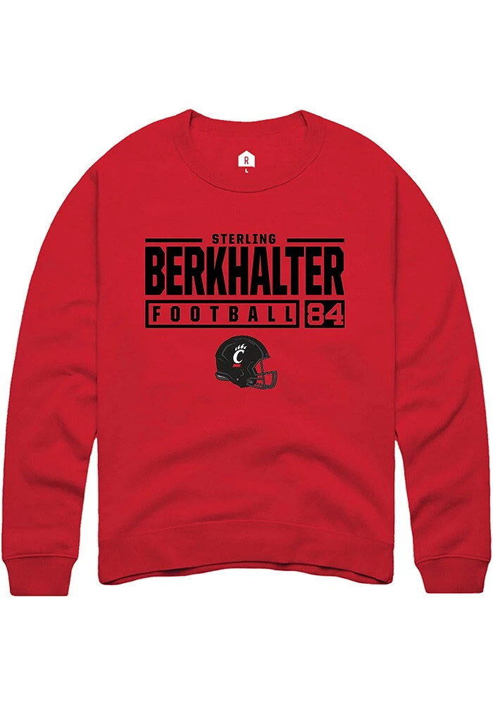 Sterling Berkhalter  Rally Cincinnati Bearcats Mens Red NIL Stacked Box Long Sleeve Crew Sweatshir..