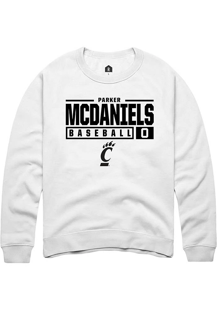 Parker McDaniels Rally Cincinnati Bearcats Mens NIL Stacked Box Long Sleeve Crew Sweatshirt