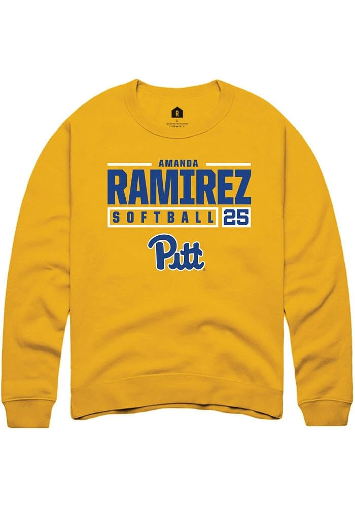 Amanda Ramirez Rally Pitt Panthers Mens Gold NIL Stacked Box Long Sleeve Crew Sweatshirt