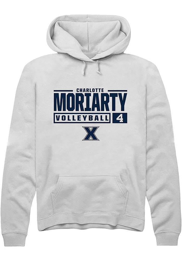 Charlotte Moriarty  Rally Xavier Musketeers Mens White NIL Stacked Box Long Sleeve Hoodie