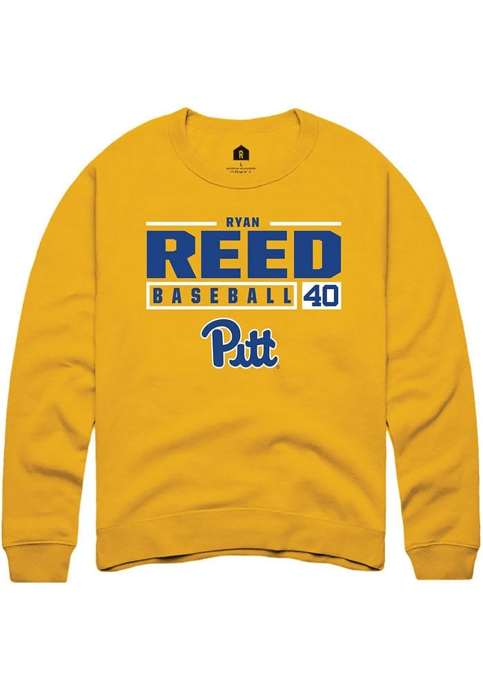 Ryan Reed Rally Pitt Panthers Mens Gold NIL Stacked Box Long Sleeve Crew Sweatshirt