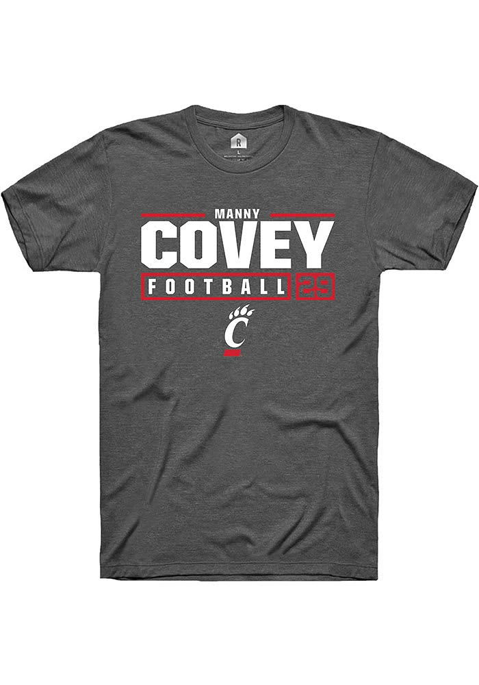 Manny Covey  Cincinnati Bearcats Dark Grey Rally NIL Stacked Box Short Sleeve T Shirt