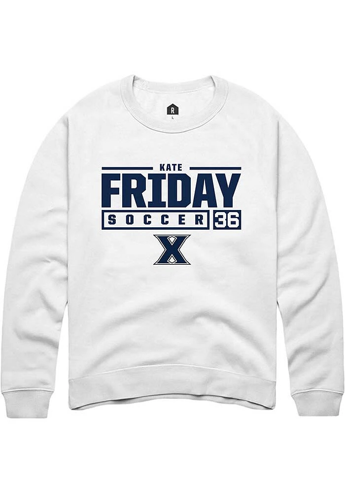 Kate Friday  Rally Xavier Musketeers Mens White NIL Stacked Box Long Sleeve Crew Sweatshirt