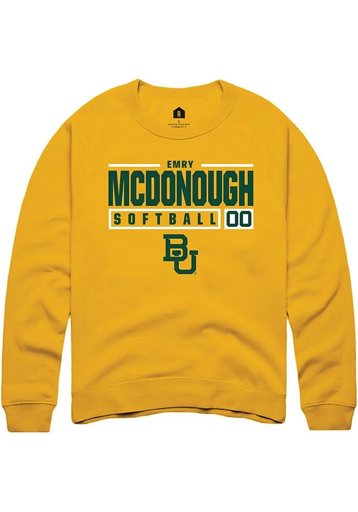 Emry McDonough Rally Baylor Bears Mens Gold NIL Stacked Box Long Sleeve Crew Sweatshirt