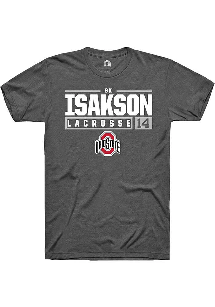 SK Isakson Ohio State Buckeyes Dark Grey Rally NIL Stacked Box Short Sleeve T Shirt