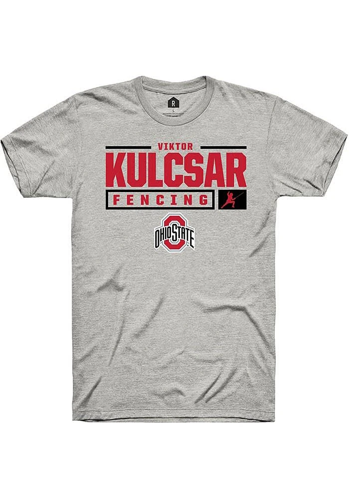Viktor Kulcsar Ohio State Buckeyes Ash Rally NIL Stacked Box Short Sleeve T Shirt