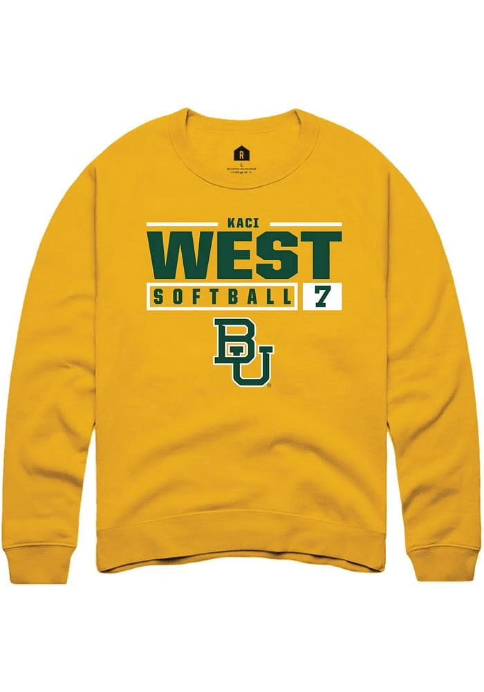 Kaci West Rally Baylor Bears Mens Gold NIL Stacked Box Long Sleeve Crew Sweatshirt