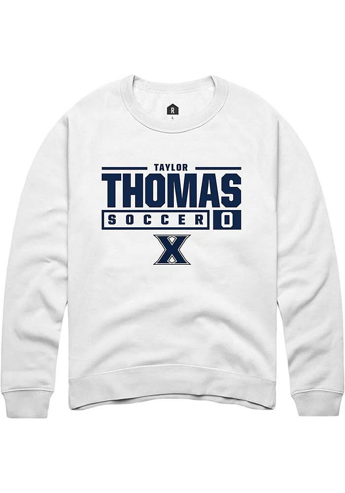 Taylor Thomas  Rally Xavier Musketeers Mens White NIL Stacked Box Long Sleeve Crew Sweatshirt