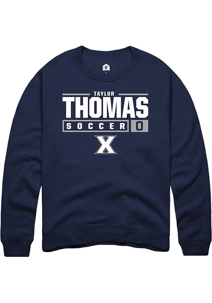 Taylor Thomas  Rally Xavier Musketeers Mens Navy Blue NIL Stacked Box Long Sleeve Crew Sweatshir..