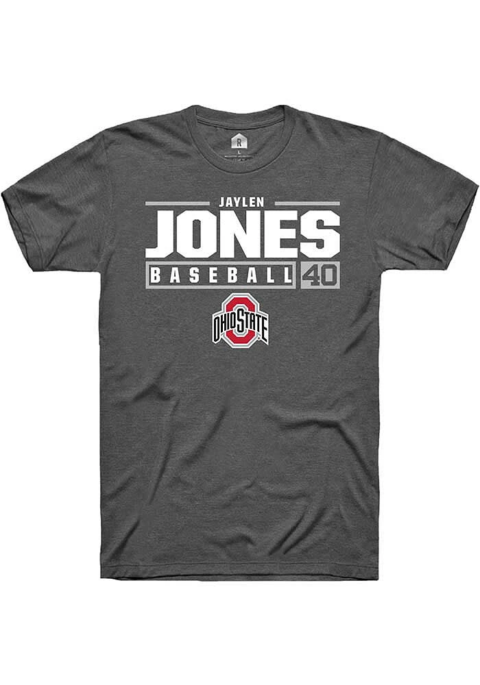 Jaylen Jones Ohio State Buckeyes Dark Grey Rally NIL Stacked Box Short Sleeve T Shirt
