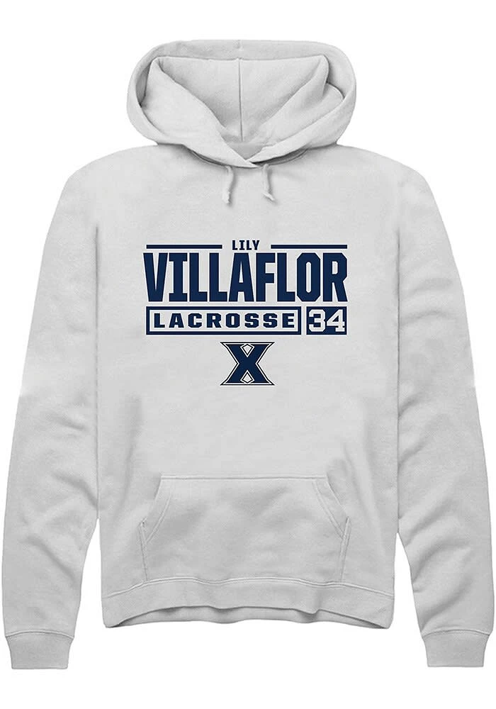Lily Villaflor Rally Xavier Musketeers Mens White NIL Stacked Box Long Sleeve Hoodie