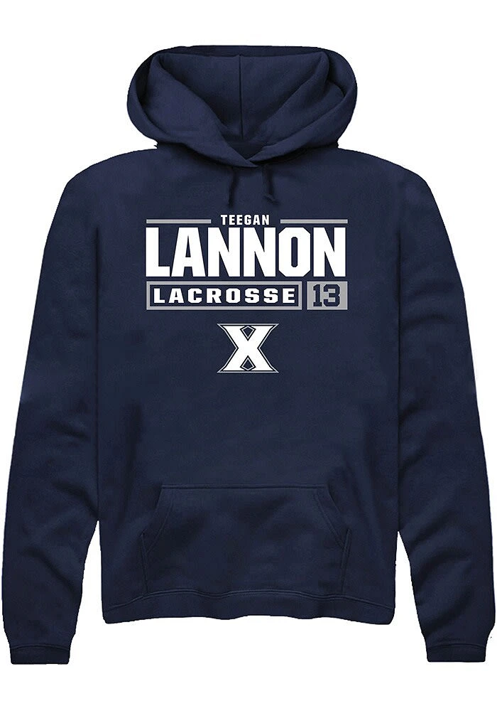 Teegan Lannon Rally Xavier Musketeers Mens Navy Blue NIL Stacked Box Long Sleeve Hoodie