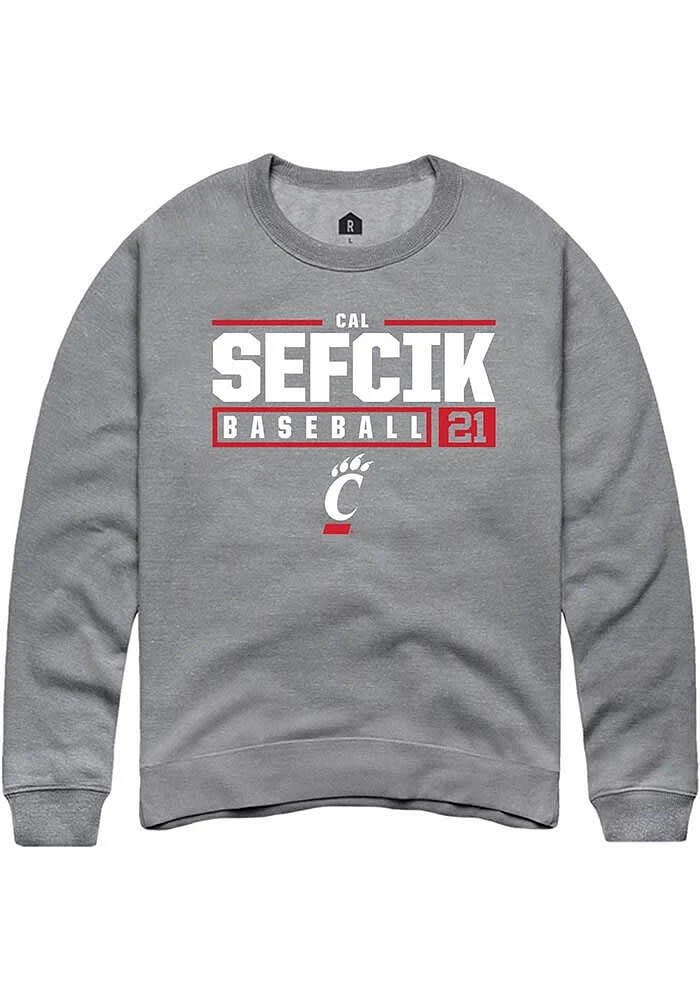 Cal Sefcik Rally Cincinnati Bearcats Mens Graphite NIL Stacked Box Long Sleeve Crew Sweatshirt