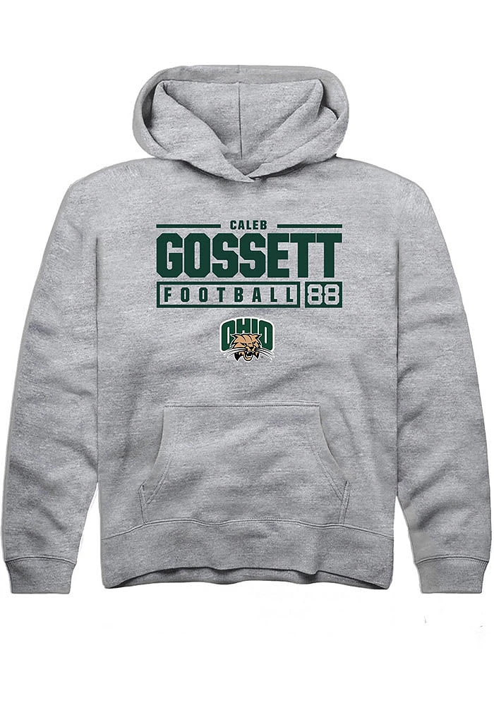 Caleb Gossett Rally Ohio Bobcats Youth Grey NIL Stacked Box Long Sleeve Hoodie