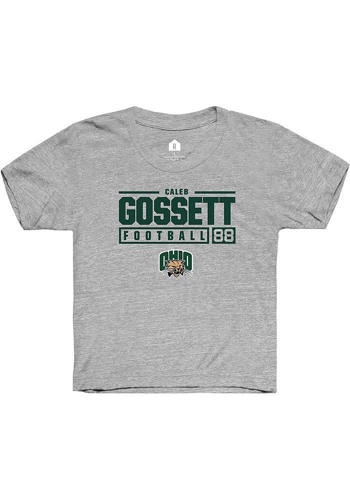 Caleb Gossett Rally Ohio Bobcats Youth Grey NIL Stacked Box Short Sleeve T-Shirt