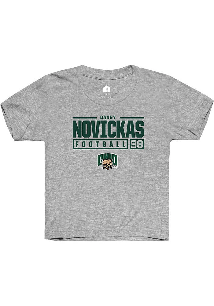 Danny Novickas Rally Ohio Bobcats Youth Grey NIL Stacked Box Short Sleeve T-Shirt
