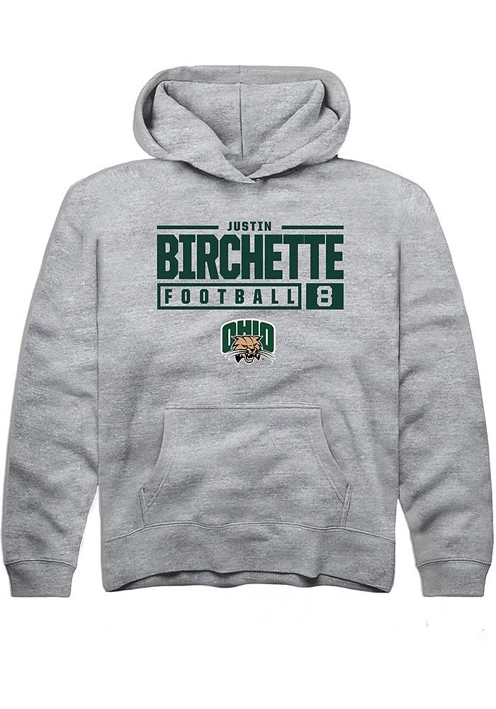 Justin Birchette Rally Ohio Bobcats Youth Grey NIL Stacked Box Long Sleeve Hoodie