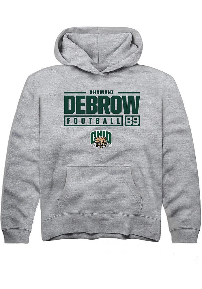Khamani Debrow Rally Ohio Bobcats Youth Grey NIL Stacked Box Long Sleeve Hoodie
