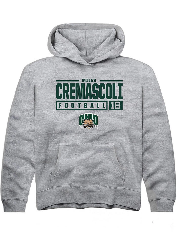 Miles Cremascoli Rally Ohio Bobcats Youth Grey NIL Stacked Box Long Sleeve Hoodie