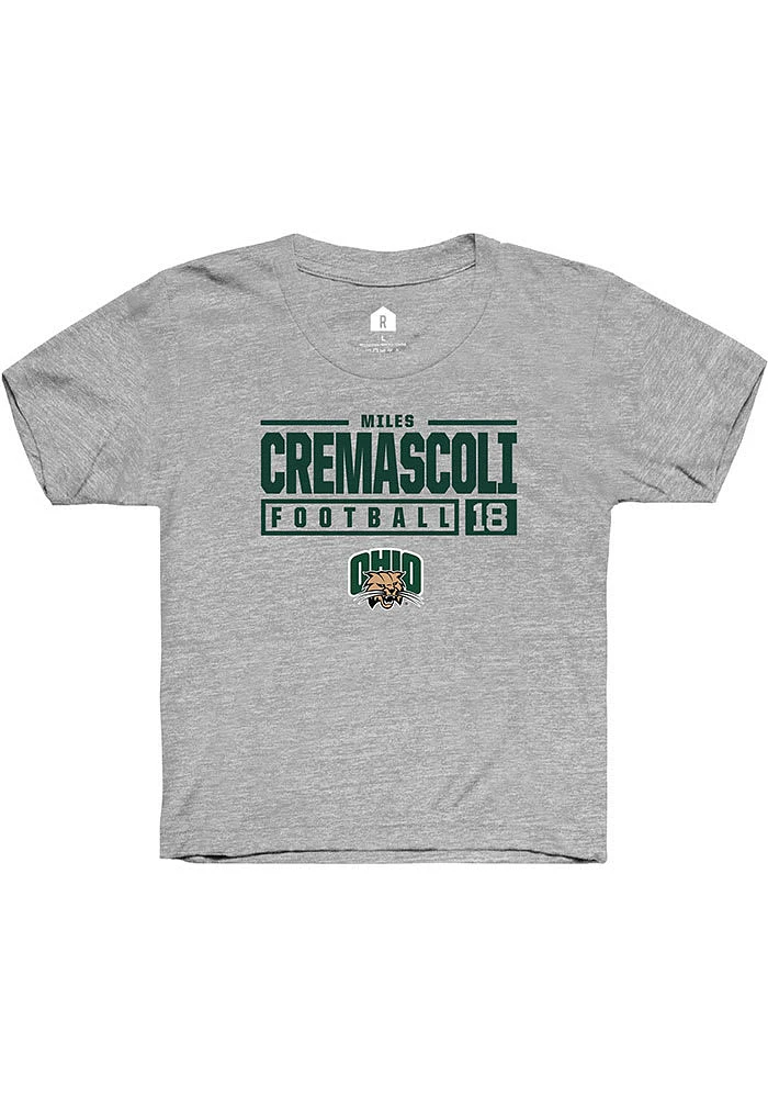 Miles Cremascoli Rally Ohio Bobcats Youth Grey NIL Stacked Box Short Sleeve T-Shirt