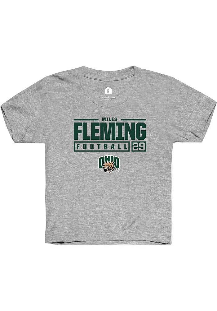 Miles Fleming Rally Ohio Bobcats Youth Grey NIL Stacked Box Short Sleeve T-Shirt