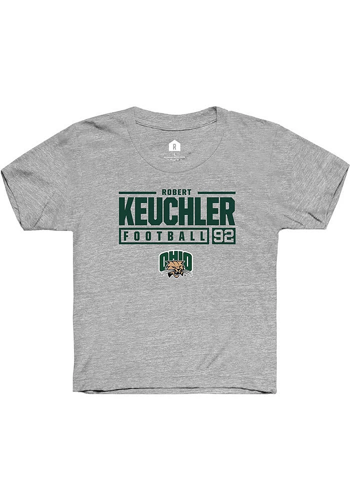 Robert Keuchler Rally Ohio Bobcats Youth Grey NIL Stacked Box Short Sleeve T-Shirt