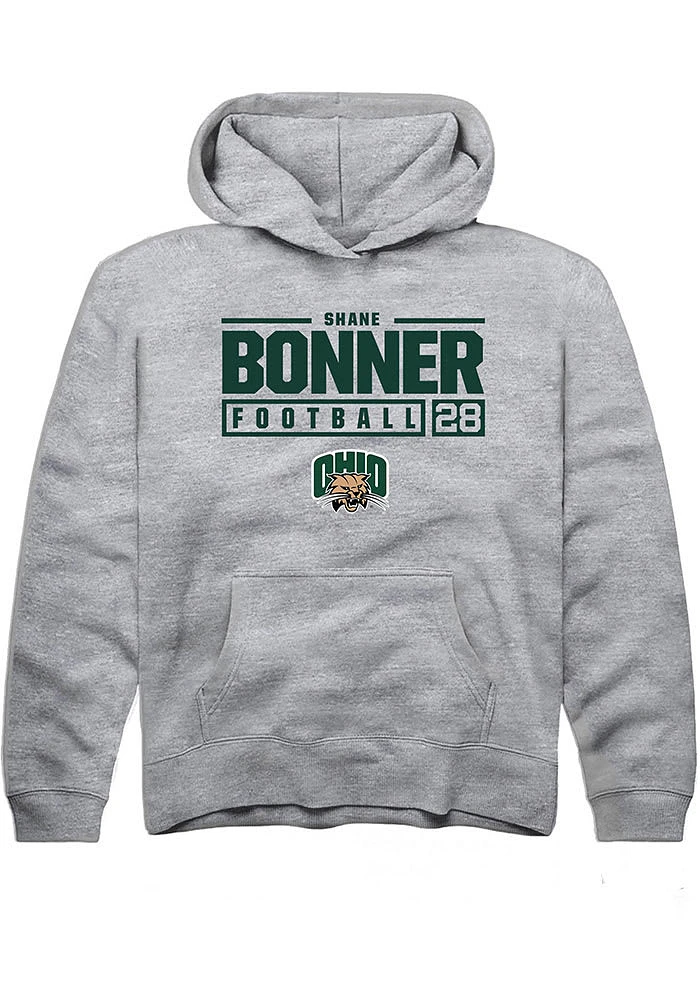 Shane Bonner Rally Ohio Bobcats Youth Grey NIL Stacked Box Long Sleeve Hoodie