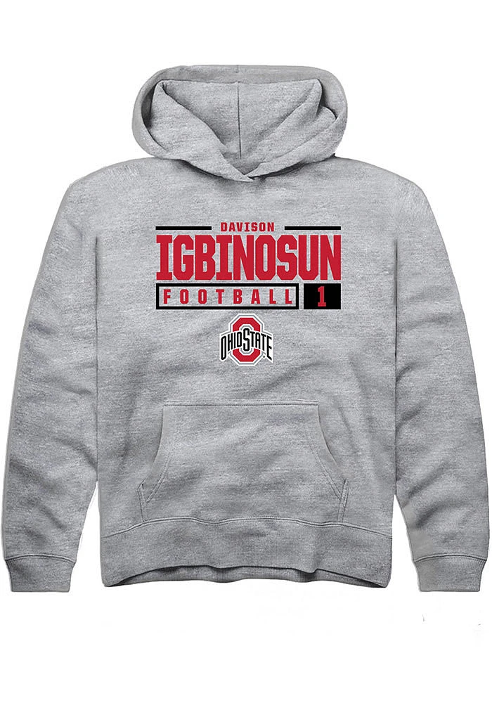 Davison Igbinosun  Rally Ohio State Buckeyes Youth Grey NIL Stacked Box Long Sleeve Hoodie