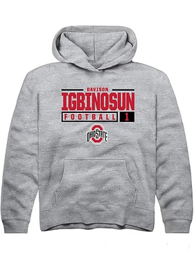 Davison Igbinosun  Rally Ohio State Buckeyes Youth Grey NIL Stacked Box Long Sleeve Hoodie